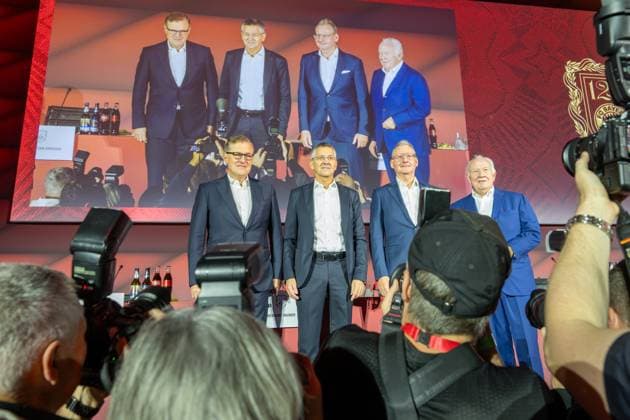 On stage, Jan Christian Dreesen, Chairman of the Board FC Bayern Muenchen AG, President Herbert Hainer FC Bayern Muenchen , Prof Dr Dieter Mayer 1 Vice President FC Bayern München eV, 2 Vice Presidents Walter Mennekes FC Bayern Muenchen , Annual General Meeting of FC Bayern Muenchen eV, 2025, 02 11 2025 Muenchen Bayern Germany Copyright: xkolbert-press UlrichxGamelx