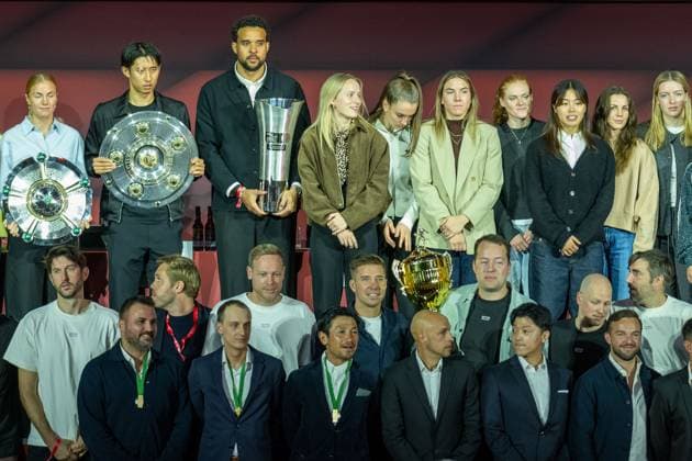 The German Champions of FC Bayern 2024 2025, with Hiroki Ito FC Bayern Muenchen, 21 , Elias Harris FC Bayern Basketball, 20 , GER, FC Bayern Muenchen, Football, Bundesliga, Annual General Meeting FC Bayern Muenchen eV 2025, 02 11 2025, DFL DFB REGULATES PROHIBIT ANY USE OF PHOTOGRAPHS AS IMAGE SEQUENCES AND OR QUASI VIDEO, GER, FC Bayern Muenchen, Football, Bundesliga, Annual General Meeting FC Bayern Muenchen eV 2025, 02 11 2025 Muenchen Copyright: xEibner-Pressefotox EP_EER