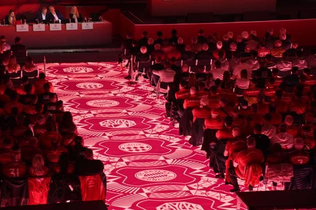 Edge motif, illuminated floor with club crest Annual General Meeting 2025 of FC Bayern Muenchen e V on 02 11 2025, Rudi Sedlmayer Halle