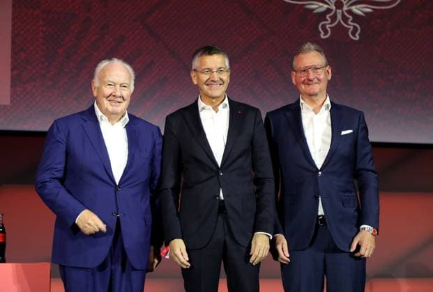 FC Bayern Munich, Annual General Meeting, BMW Park Presidium elections, here the new and old President of FC Bayern Munich in the middle Herbert Hainer, President FC Bayern Munich , on the left Walter Mennekes and on the right Prof Dr Dieter Mayer standing on the stage