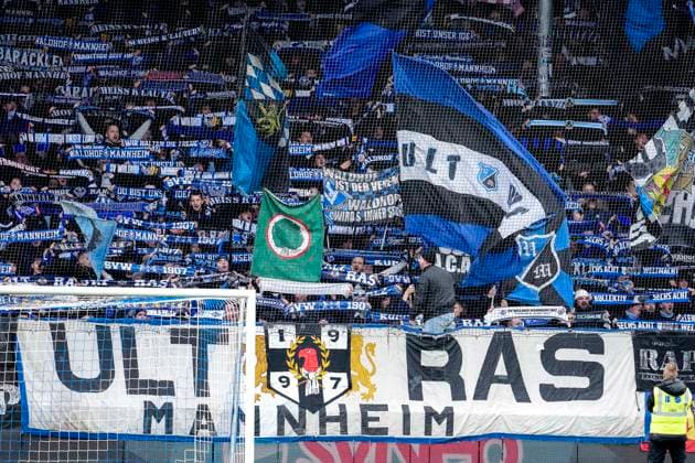 The Ultras from SV Waldhof Mannheim waving their flags in the fan curve, guest fans, guest block, guest, fan block, looking forward to the game, fans, audience, spectators, atmosphere, stadium, 02 11 2025, Sinsheim Germany , Football, 3 Liga, TSG 1899 Hoffenheim II SV Waldhof Mannheim, DFB DFL REGULATIONS PROHIBIT ANY USE OF PHOTOGRAPHS AS IMAGE SEQUENCES AND OR QUASI VIDEO xozx