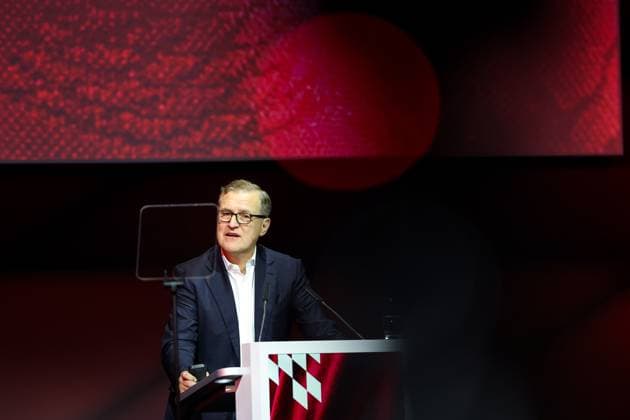 Soccer Annual General Meeting FC Bayern München eV 2025 at BMW Park in Munich Jan Christian Dreesen Chairman of the Board Munich DFL regulations prohibit any use of photographs as image sequences and or quasi video xMSx