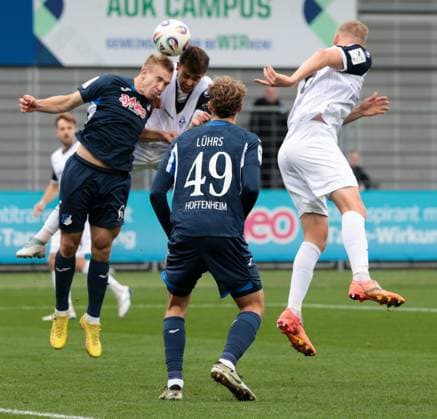 02 11 2025, xhettx, Soccer 3 Liga, TSG 1899 Hoffenheim U23 SV Waldhof Mannheim v l Francisco Fumaca de Mascarenhas da Costa Pessoa SV Waldhof Mannheim, 38 with the head DFL DFB REGULATIONS PROHIBIT ANY USE OF PHOTOGRAPHS as IMAGE SEQUENCES and or QUASI VIDEO Hoffenheim