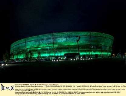 Football, EURO 2012, changing colourfully illuminated Miejewski Stadium in Wroclaw