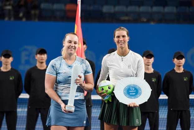 JIUJIANG, CHINA - NOVEMBER 02: Champion Anna Blinkova (L) and runner-up Lilli Tagger of Austria pose for a photo during the awards ceremony following the Women s Singles Final match on day 7 of 2025 Jiangxi Open at Jiujiang International Tennis Center on November 2, 2025 in Jiujiang, Jiangxi Province of China.  Copyright: xVCGx 111601372083
