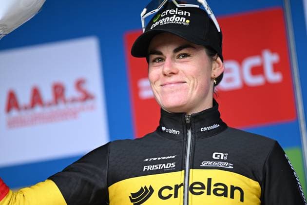 Belgian Marion Norbert Riberolle celebrates on the podium after the elite women race of the Rapencross cyclocross in Lokeren, the second race (out of 8) of the X2O Badkamers Trophy, Sunday 02 November 2025. DAVIDxPINTENS  x138722546x