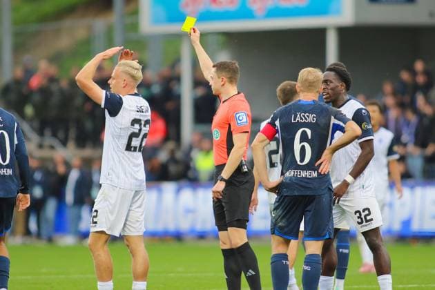 Yellow card Janne Sietan SV Waldhof Mannheim II, 22 GER, TSG 1899 Hoffenheim II vs SV Waldhof Mannheim, Football, 3 Liga, Matchday 13, Season 2025 2026, 02 11 2025 DFL DFB REGULATIONS PROHIBIT ANY USE OF PHOTOGRAPHS as IMAGE SEQUENCES and or QUASI VIDEO GER,TSG 1899 Hoffenheim II vs Waldhof Mannheim, Football, 3 Liga, Matchday 13, Season 2025 2026, 02 11 2025 Hoffenheim Copyright: xEibner-Pressefoto JoergxHirschx EP_JHH