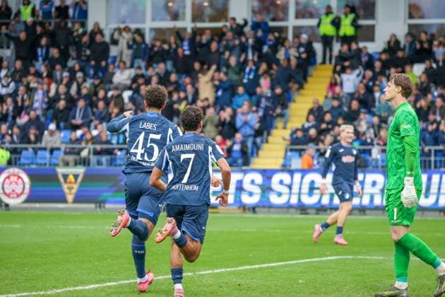 Germany 3 Liga 2025 26, Matchday 13 TSG Hoffenheim II vs SV Waldhof Mannheim, Dietmar Hopp Stadion Sinsheim Ben¯Opoku¯Labes Ben¯Opoku¯Labes, TSG¯1899¯Hoffenheim¯II, 45 and Ayoube¯AmaimouniEchghouyab Ayoube¯AmaimouniEchghouyab, TSG¯1899¯Hoffenheim¯II, 7 celebrate Arian¯Llugiqis goal Arian¯Llugiqi, TSG¯1899¯Hoffenheim¯II, 22 Sinsheim Dietmar Hopp Stadion Baden Württemberg Germany Copyright: xBenedictxChristx