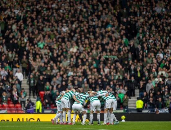 2nd November 2025; Hampden Park, Glasgow, Scotland; Scottish Premier Sports Cup semi final, Rangers versus Celtic; Celtic huddle  VagelisxGeogriou