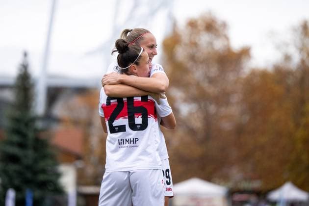 Nicole Billa VfB Stuttgart, 26 , Meike Meßmer VfB Stuttgart, 29 celebrate the goal for 2 0, GER, VfB Stuttgart vs VfR SW Warbeyen, Soccer, Women, 2 Bundesliga, Matchday 9, Season 2025 2026, 02 11 2025 GER, VfB Stuttgart vs VfR SW Warbeyen, Soccer, Women, 2 Bundesliga, Matchday 9, Season 2025 2026, 02 11 2025 Bad Cannstatt Copyright: xEibner-Pressefoto Memmlerx EP_MMR