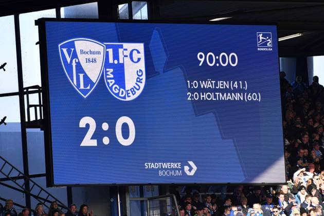 Soccer 2 Bundesliga 11 Matchday VfL Bochum 1 FC Magdeburg on 02 11 2025 at the Vonovia Ruhrstadion in Bochum The scoreboard at the Vonovia Ruhrstadion shows the final score Bochum 2 0 Magdeburg DFL regulations prohibit any use of photographs as image sequences and or quasi video xRx