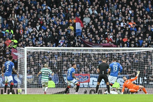 Celtic v Rangers Premier Sports Cup Johnny Kenny of Celtic scores their sides first goal of the match past Jack Butland of Rangers during the Premier Sports Cup Semi-Final match between Celtic and Rangers at Hampden Park, Glasgow UK Newspapers OUT Copyright: xJamiexJohnstonx FIL-22444-0105