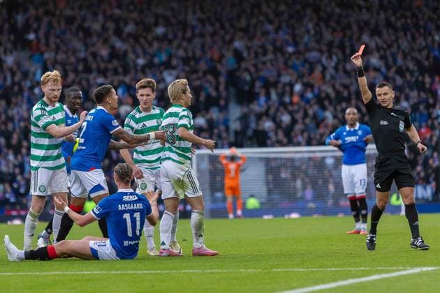 Celtic v Rangers Premier Sports Scottish League Cup 02 11 2025. Semi-Final RED CARD! Thelo Aasgaard of Rangers FC gets a straight red for his reckless challenge during the UEFA Europa League 2025 26, Celtic FC vs Rangers FC, Hampden Park, Glasgow, Scotland, (day} November 2025 Hampden Park The National Stadium Glasgow Scotland Editorial use only , Copyright: xColinxPoultneyx PSI-23145-0009