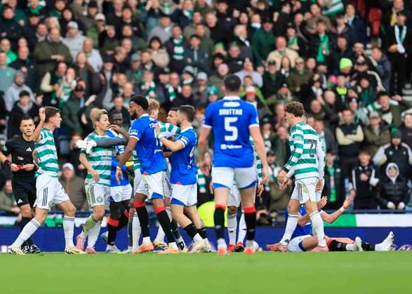 Celtic v Rangers Premier Sports Cup Celtic and Rangers players clash following the straight red card to Thelo Aasgaard of Rangers during the Premier Sports Cup Semi-Final match between Celtic and Rangers at Hampden Park, Glasgow UK Newspapers OUT Copyright: xFredxPalmerx FIL-22443-0076