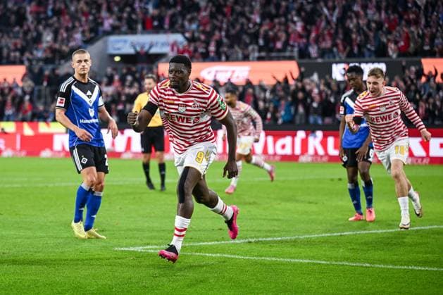 02 11 2025, Football, 1 Bundesliga, Matchday 6 Season 2025 2026, 1 FC Köln Hamburger SV, Ragnar Ache 1 FC Köln is happy about the goal for 1 0, xRHR PHOTO TKx Copyright: RHR-FOTOx RHR-FOTO TK