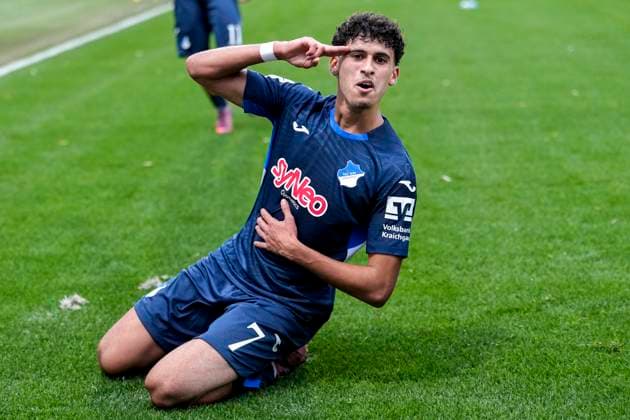 Goalscorer Ayoube Amaimouni Echghouyab TSG II, 7 , cheers about the goal to 2 0, cheer, cheer, goal celebration, celebrate the goal, goal, celebration, cheers about the goal, rejoicing, joy, rejoices, optimistic, positive, game scene, highlight, cropped, full body, single image, single photo, action, action, 02 11 2025, Sinsheim Germany , Soccer, 3 Liga, TSG 1899 Hoffenheim II SV Waldhof Mannheim, DFB DFL REGULATIONS PROHIBIT ANY USE OF PHOTOGRAPHS AS IMAGE SEQUENCES AND OR QUASI VIDEO xozx