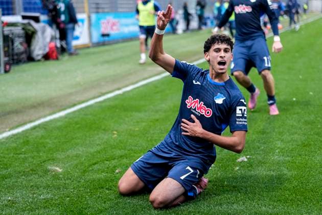 Goalscorer Ayoube Amaimouni Echghouyab TSG II, 7 , cheers about the goal to 2 0, cheer, cheer, goal celebration, celebrate the goal, goal, celebration, cheers about the goal, rejoicing, joy, rejoices, optimistic, positive, game scene, highlight, cropped, full body, single image, single photo, action, action, 02 11 2025, Sinsheim Germany , Soccer, 3 Liga, TSG 1899 Hoffenheim II SV Waldhof Mannheim, DFB DFL REGULATIONS PROHIBIT ANY USE OF PHOTOGRAPHS AS IMAGE SEQUENCES AND OR QUASI VIDEO xozx