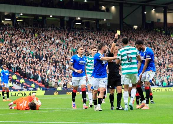 Celtic v Rangers Premier Sports Cup Auston Trusty of Celtic receives a yellow card for a foul on Jack Butland of Rangers during the Premier Sports Cup Semi-Final match between Celtic and Rangers at Hampden Park, Glasgow UK Newspapers OUT Copyright: xFredxPalmerx FIL-22443-0111