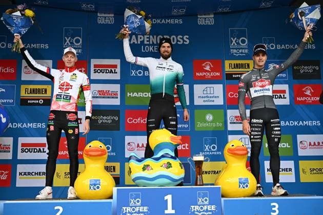 Belgian Michael Vanthourenhout, Dutch Joris Nieuwenhuis and Belgian Niels Vandeputte pictured on the podium after the elite men race of the Rapencross cyclocross in Lokeren, the second race (out of 8) of the X2O Badkamers Trophy, Sunday 02 November 2025. DAVIDxPINTENS  x138730827x