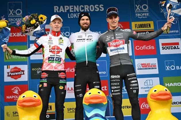 Belgian Michael Vanthourenhout, Dutch Joris Nieuwenhuis and Belgian Niels Vandeputte pictured on the podium after the elite men race of the Rapencross cyclocross in Lokeren, the second race (out of 8) of the X2O Badkamers Trophy, Sunday 02 November 2025. DAVIDxPINTENS  x138731479x