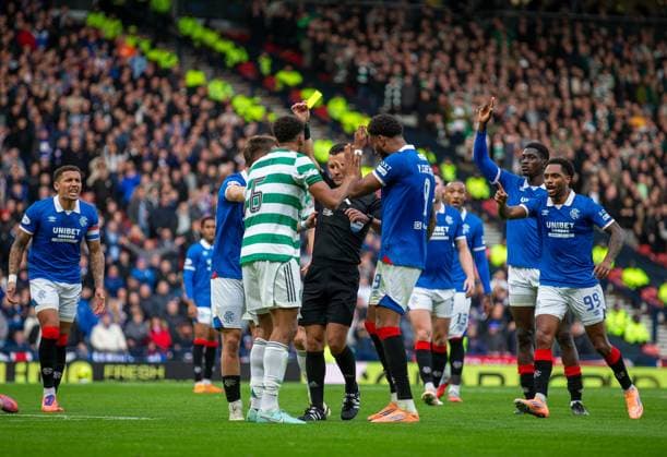 2nd November 2025; Hampden Park, Glasgow, Scotland; Scottish Premier Sports Cup semi final, Rangers versus Celtic; Rangers players react to referee Nick Walsh yellow carding Auston Trusty of Celtic  VagelisxGeogriou