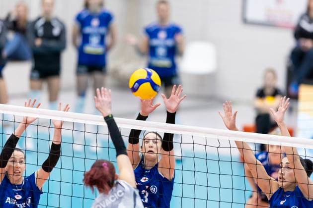 1 Volleyball Bundesliga Women Schwarz Weiss Erfurt vs Allianz MTV Stuttgart Erfurt 02 11 2025 Isabel Kova i 11 Schwarz Weiss Erfurt vs Lydia Grote 5 Allianz MTV Stuttgart left , Jasmine Gross 3 Allianz MTV Stuttgart center and Julia De Paula Viana 17 Allianz MTV Stuttgart right 1 Volleyball Bundesliga Women Schwarz Weiss Erfurt vs Allianz MTV Stuttgart Riethsporthalle Erfurt 02 11 2025 Copyright: xBEAUTIFULxSPORTS Duehringx