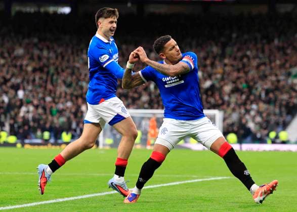 Celtic v Rangers Premier Sports Cup James Tavernier of Rangers (right) celebrates scoring his teams first goal with team mates during the Premier Sports Cup Semi-Final match between Celtic and Rangers at Hampden Park, Glasgow UK Newspapers OUT Copyright: xFredxPalmerx FIL-22443-0144