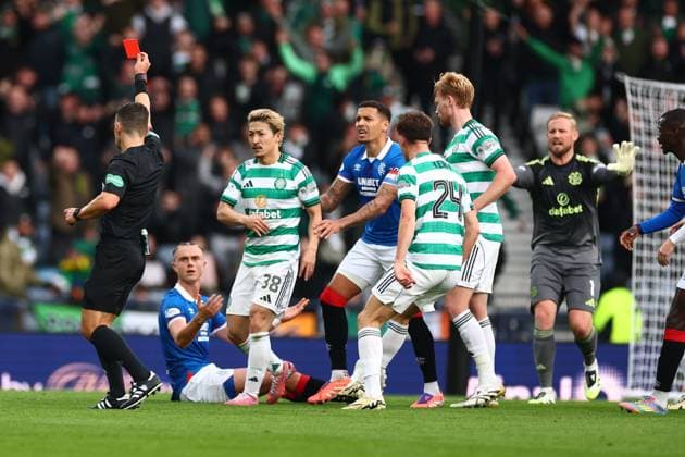 Referee Nick Walsh sends off Thelo Aasgaard of Rangers during the Premier Sports Cup semi final at Hampden Park, Glasgow. Celtic v Rangers - Premier Sports Cup - Semi Final - Hampden Park, Glasgow, Lanarkshire, Scotland, UK - 02 Nov 2025Glasgow Hampden Park Lanarkshire United Kingdom  Copyright: xO Rourke RangersxFC Shutterstockx 15665969o