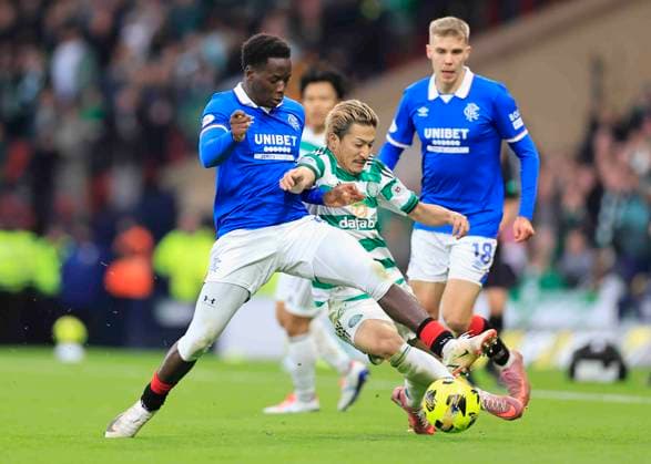 Celtic v Rangers Premier Sports Cup Djeidi Gassama of Rangers wins the ball from Daizen Maeda of Celtic during the Premier Sports Cup Semi-Final match between Celtic and Rangers at Hampden Park, Glasgow UK Newspapers OUT Copyright: xFredxPalmerx FIL-22443-0149
