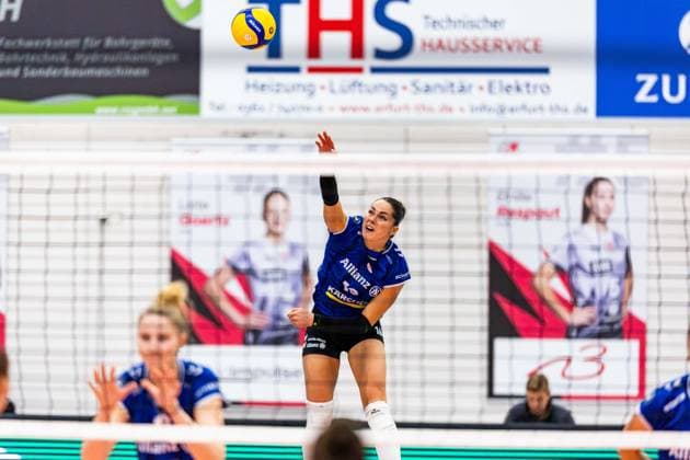 02 11 2025, GER, Volleyball, Women, 1 BL, Main Round, Season 25 26, Schwarz Weiss Erfurt Allianz MTV Stuttgart Mikala Mogensen Allianz MTV Stuttgart 99089 Erfurt Sporthalle Sportanlage Rieths Thüringen Germany