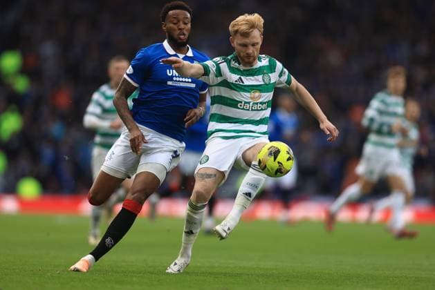 2nd November 2025; Hampden Park, Glasgow, Scotland; Scottish Premier Sports Cup semi final, Rangers versus Celtic; Liam Scales of Celtic challenges for the ball with Youssef Chermiti of Rangers  DavidxYoung