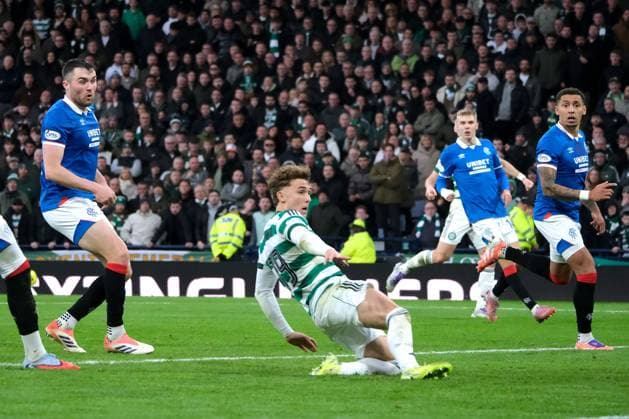 UK: Celtic v Rangers, Premier Sports Cup Semi Final at Hampden Park, Glasgow, Scotland on 02 November 2025: Pictured: Callum Osmand (Celtic) slides in to make the final score 3-1 after extra-time Glasgow Hampden Park Scotland Copyright: xAlexxToddx