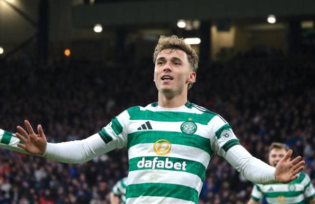UK: Celtic v Rangers, Premier Sports Cup Semi Final at Hampden Park, Glasgow, Scotland on 02 November 2025: Pictured: Callum Osmand (Celtic) slides in to make the final score 3-1 after extra-time Glasgow Hampden Park Scotland Copyright: xAlexxToddx
