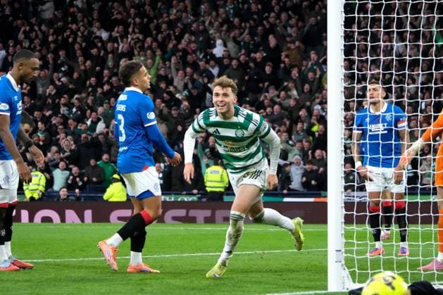 UK: Celtic v Rangers, Premier Sports Cup Semi Final at Hampden Park, Glasgow, Scotland on 02 November 2025: Pictured: Callum Osmand (Celtic) slides in to make the final score 3-1 after extra-time Glasgow Hampden Park Scotland Copyright: xAlexxToddx