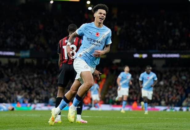 Manchester, England, 2nd November 2025. Nico O™Reilly of Manchester City celebrates after scoring the third goal during the Manchester City vs AFC Bournemouth Premier League match at the Etihad Stadium, Manchester. Picture credit should read: Andrew Yates Sportimage EDITORIAL USE ONLY. No use with unauthorised audio, video, data, fixture lists, club league logos or live services. Online in-match use limited to 120 images, no video emulation. No use in betting, games or single club league player publications. SPI_023_AY_MAN_CITY_BOURN SPI-4256-0023