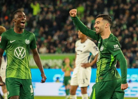Germany Bundesliga 2025 26, 9 Matchday VfL Wolfsburg vs TSG Hoffenheim Volkswagen Arena Wolfsburg Goal celebration Mohamed Amoura VfL Wolfsburg, 9 Saël Kumbedi Sael Kumbedi VfL Wolfsburg, 26 Copyright: xAymanxAlahmedx