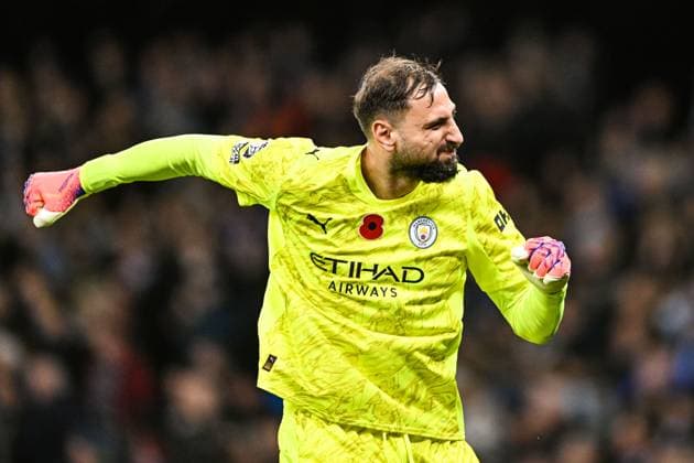 2nd November 2025; Etihad Stadium, Manchester, Lancashire, England; Premier League Football, Manchester City versus AFC Bournemouth; Gianluigi Donnarumma of Manchester City celebrates the goal scored by Nico O Reilly of Manchester City in the 60th minute to make the score 3-1  GodfreyxPitt