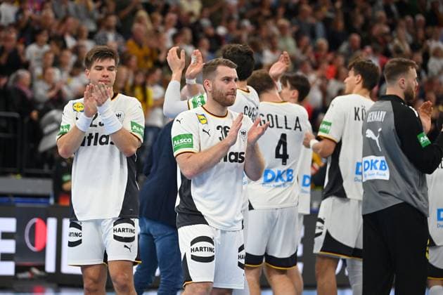 from left Renars USCINS GER , Lukas MERTENS GER , player after match handball international Germany GER Iceland ISL 29 31 on 02 11 2025 SAP GARDEN Â