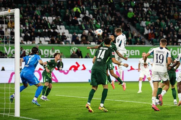 Goalscorer Grischa Prömel TSG Hoffenheim,6 scores to 1 2 1 Soccer Bundesliga Season 2025 2026 VfL Wolfsburg vs TSG Hoffenheim at the Volkswagen Arena in Wolfsburg Action,Soccer,Germany,Man,Men,02 11 2025