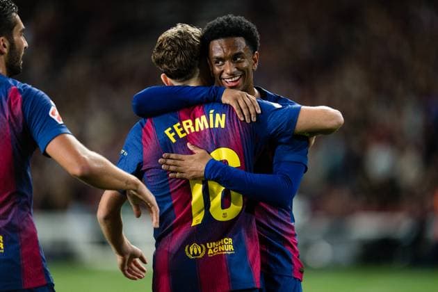 Spanish LaLiga EA Sports FC Barcelona, Barca v Elche CF in Barcelona, Spain. FC Barcelona player (3) Alejandro Balde and (16) Fermin Lopez celebrates the score of (7) Ferran Torres during LaLiga EA Sports match between FC Barcelona and Elche CF in Estadi Olimpic Lluis Companys, Barcelona, Spain, on November 2, 2025. Barcelona Estadi Olimpic Lluis Companys Barcelona Spain