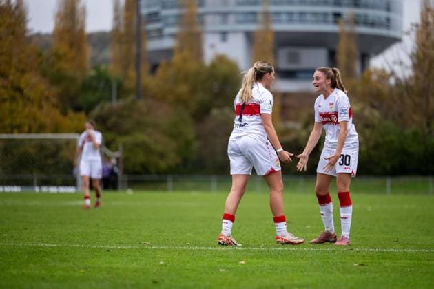 Dafina Redzepi VfB Stuttgart, 07 , Joy Castor VfB Stuttgart, 30 celebrating the goal for 7 2, GER, VfB Stuttgart vs VfR SW Warbeyen, Football, Women, 2 Bundesliga, Matchday 9, Season 2025 2026, 02 11 2025 GER, VfB Stuttgart vs VfR SW Warbeyen, Football, Women, 2 Bundesliga, Matchday 9, Season 2025 2026, 02 11 2025 Bad Cannstatt Copyright: xEibner-Pressefoto Memmlerx EP_MMR