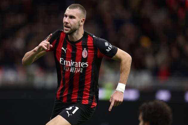 Strahinja Pavlovic (Ac Milan) celebrates after scoring his team s first goal, Serie A, AC Milan v AS Roma, Giuseppe Meazza, November 2, 2025, Milan, Italy.