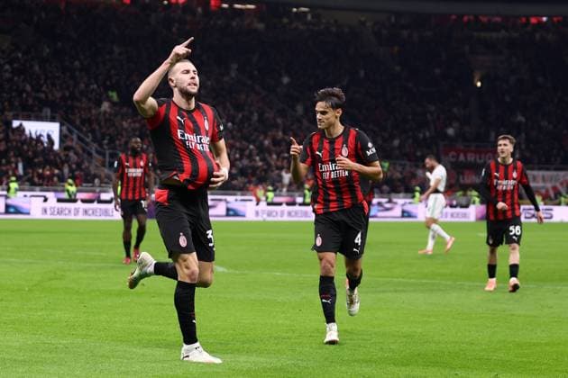 Strahinja Pavlovic (Ac Milan) celebrates after scoring his team s first goal, Serie A, AC Milan v AS Roma, Giuseppe Meazza, November 2, 2025, Milan, Italy.