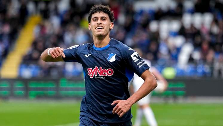 Goalscorer Ayoube Amaimouni Echghouyab TSG II, 7 , player of TSG 1899 Hoffenheim II U23 , cheers about the goal to 2 0, cheer, cheer, goal celebration, celebrate the goal, goal, celebration, cheers about the goal, rejoice, joy, rejoices, optimistic, positive, game scene, highlight, single picture, single photo, action, action, 02 11 2025, Sinsheim Germany , Soccer, 3 Liga, TSG 1899 Hoffenheim II SV Waldhof Mannheim, DFB DFL REGULATIONS PROHIBIT ANY USE OF PHOTOGRAPHS AS IMAGE SEQUENCES AND OR QUASI VIDEO xozx
