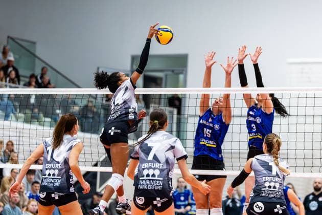 02 11 2025, GER, Volleyball, Women, 1 BL, Main Round, Season 25 26, Schwarz Weiss Erfurt Allianz MTV Stuttgart Alianza Darley Schwarz Weiss Erfurt in attack against Melani Shaffmaster Allianz MTV Stuttgart , Jasmine Gross Allianz MTV Stuttgart 99089 Erfurt Sporthalle Sportanlage Rieths Thüringen Germany