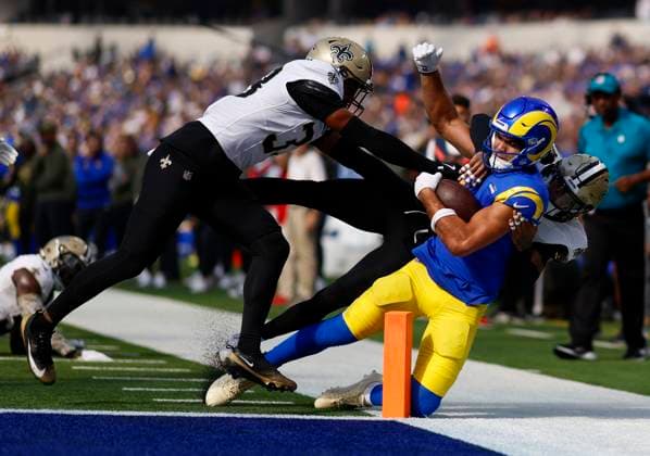 November 02, 2025 Los Angeles Rams wide receiver Puka Nacua (12) dives for the endzone during an NFL, American Football Herren, USA game against the New Orleans Saints in Inglewood, California. Mandatory Photo Credit : CSM Inglewood United States of America - ZUMAc04_ 20251102_zma_c04_272 Copyright: xCharlesxBausx