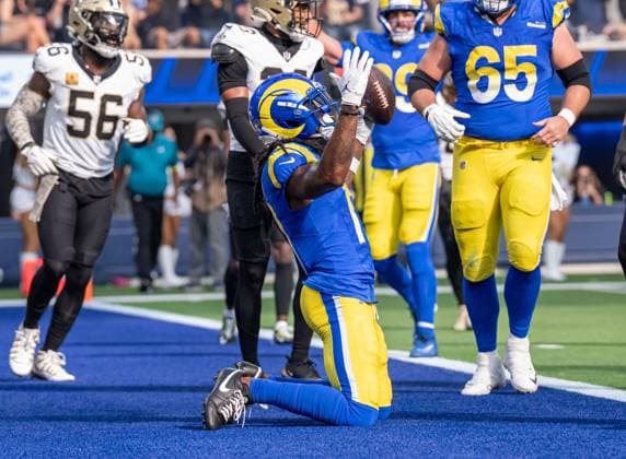 November 2, 2025, Inglewood, California, USA: Davante Adams scores Rams touchdown 13:0 in third quarter of Rams Vs Saints at Sofi Stadium on Nov. 2nd 2025. Inglewood USA - ZUMAt169 20251102_zep_t169_006 Copyright: xConnorxTerryx