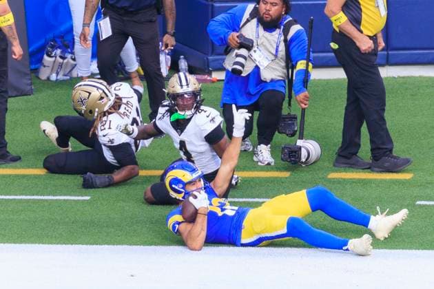 November 2, 2025, Inglewood, California, USA: 12 Puka Nacua, WR of the Los Angeles Rams scores a touchdown during their regular NFL, American Football Herren, USA season game against the New Orleans Saints on Sunday November 2, 2025 at SoFi Stadium in Inglewood, California. Rams defeat Saints, 34-10. ARIANA RUIZ PI Inglewood USA - ZUMAp124 20251102_zaa_p124_050 Copyright: xArianaxRuizx