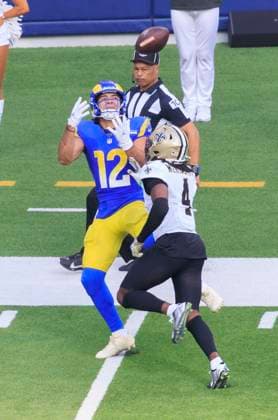 November 2, 2025, Inglewood, California, USA: 12 Puka Nacua, WR of the Los Angeles Rams receives a pass as 4 Kool-Aid McKinstry, CB of the New Orleans Saints defends during their regular NFL, American Football Herren, USA season game on Sunday November 2, 2025 at SoFi Stadium in Inglewood, California. Rams defeat Saints, 34-10. ARIANA RUIZ PI Inglewood USA - ZUMAp124 20251102_zaa_p124_078 Copyright: xArianaxRuizx
