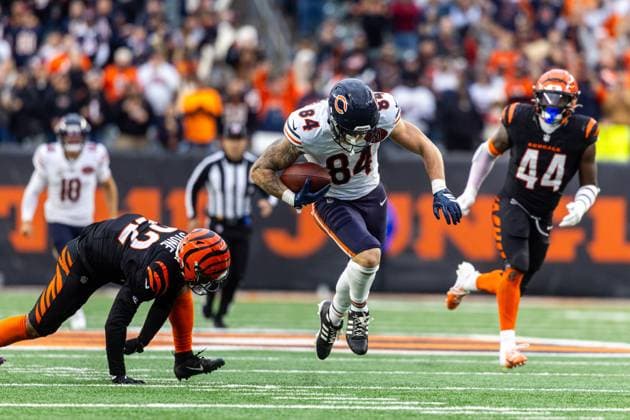November 02, 2025: Chicago Bears tight end Colston Loveland (84) runs with the ball after the catch for the game winning touchdown during NFL, American Football Herren, USA game action against the Cincinnati Bengals at Paycor Stadium in Cincinnati, Ohio. CSM Cincinnati United States of America - ZUMAc04_ 20251102_zma_c04_302 Copyright: xJohnxMersitsx
